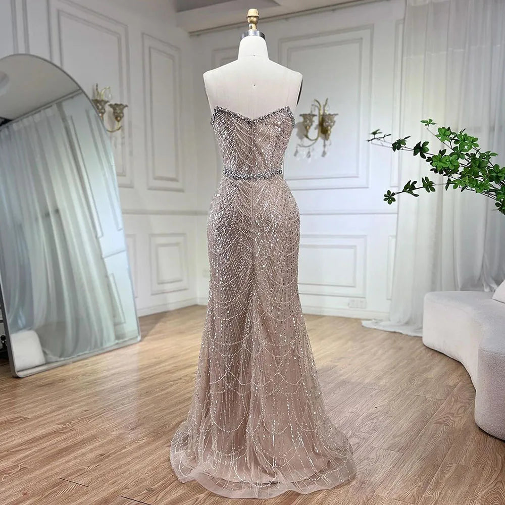 Nude Trägerlose Meerjungfrau Luxus Abendkleider Kleider Und Perlen Design Arabisch 2025 Für Frauen Hochzeit Party LA72249 