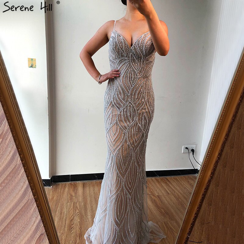 Nude White Mermaid Abendkleider Kleider 2025 Spaghetti Strap Luxus Elegant Für Frauen Party LA70214 