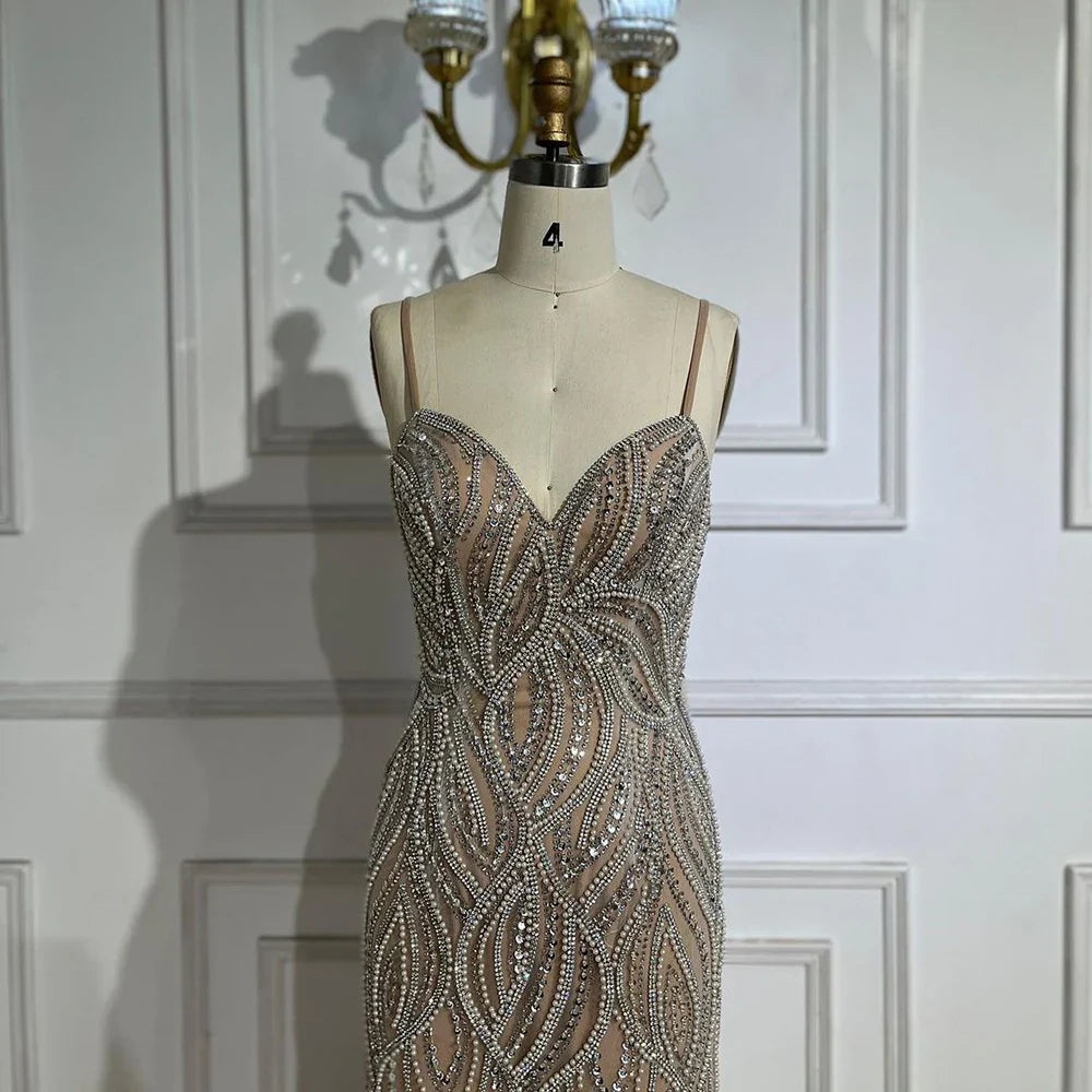 Nude White Mermaid Evening Dresses Gowns 2025 Spaghetti Strap Luxury Elegant For Women Party LA70214