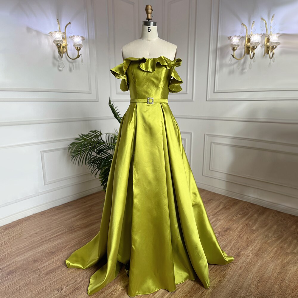 Olivgrün A-Linie Sexy Satin Off Schulter Abendkleider Lange Luxus 2025 Promi Kleider Für Frau Party LA70245 
