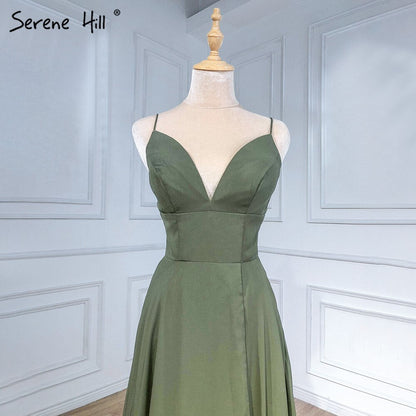 Olive Green Satin Evening Dresses Gowns 2025 Spaghetti Strap Simple For Women Party LA71298