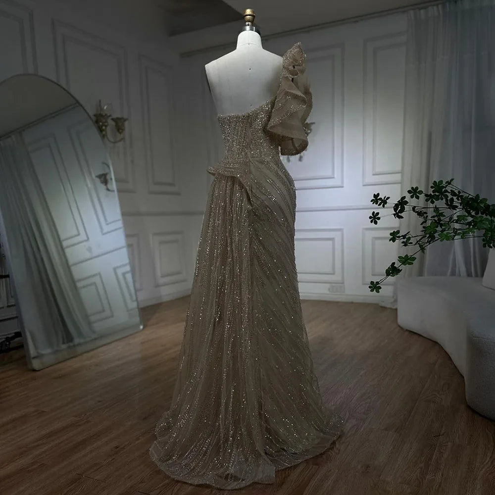 One-Shoulder Nude Meerjungfrau mit Überrock Perlen Abendkleid Kleid für Damen Hochzeit Party 2025 LA72389 