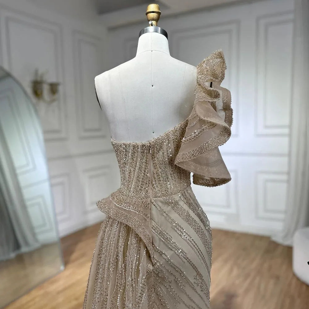 One-Shoulder Nude Meerjungfrau mit Überrock Perlen Abendkleid Kleid für Damen Hochzeit Party 2025 LA72389 