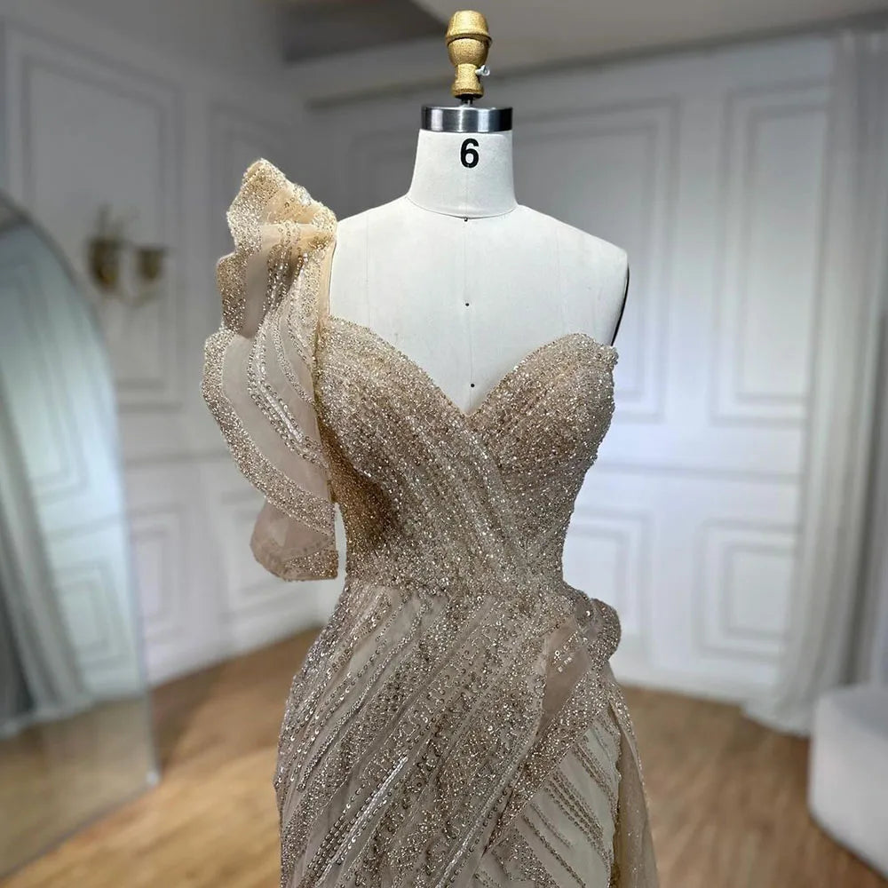 One-Shoulder Nude Meerjungfrau mit Überrock Perlen Abendkleid Kleid für Damen Hochzeit Party 2025 LA72389 