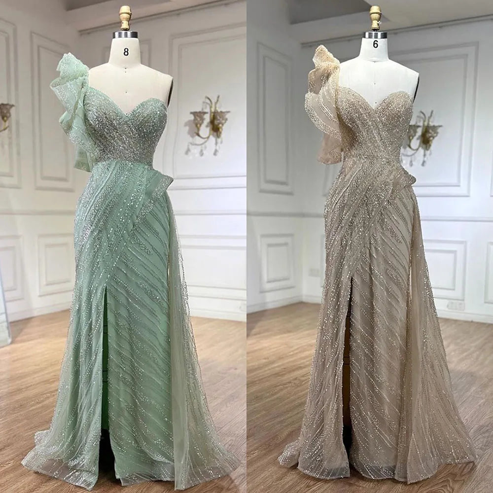 One-Shoulder Nude Meerjungfrau mit Überrock Perlen Abendkleid Kleid für Damen Hochzeit Party 2025 LA72389 