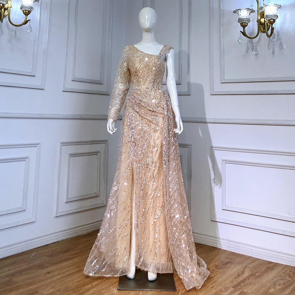 Elegante vestido de noche de sirena color melocotón, 2025, con sobrefalda de lujo y cuentas para mujer, para fiesta, LA71527 