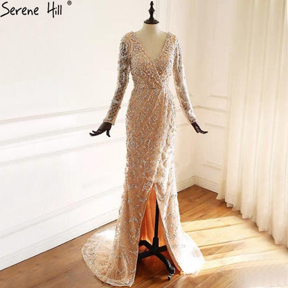 Peach Mermaid V-Neck Evening Dresses  2025 Dubai Long Sleeves Beading Formal Dress Design LA70499