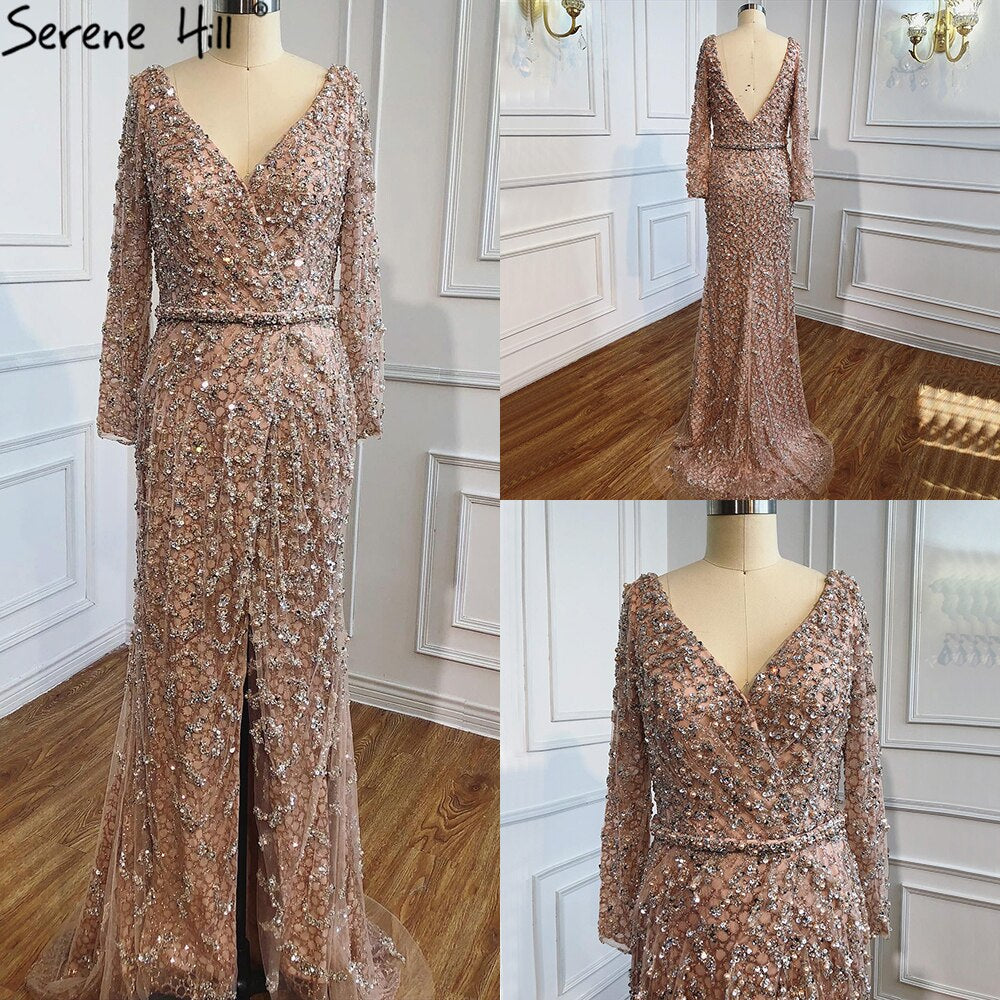Peach Mermaid V-Neck Evening Dresses  2025 Dubai Long Sleeves Beading Formal Dress Design LA70499