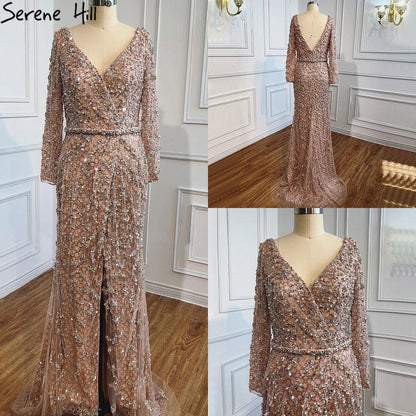 Peach Mermaid V-Neck Evening Dresses  2025 Dubai Long Sleeves Beading Formal Dress Design LA70499