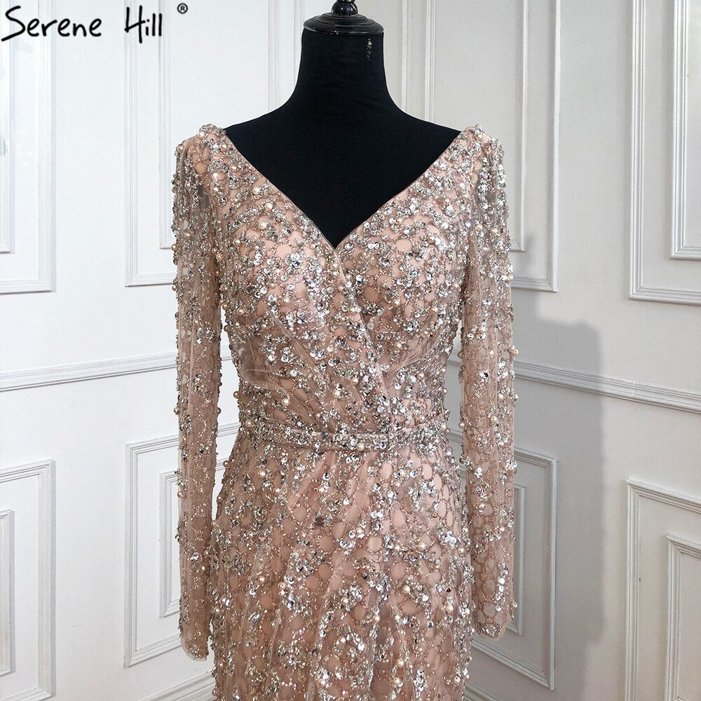 Peach Mermaid V-Neck Evening Dresses  2025 Dubai Long Sleeves Beading Formal Dress Design LA70499