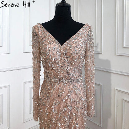 Peach Mermaid V-Neck Evening Dresses  2025 Dubai Long Sleeves Beading Formal Dress Design LA70499