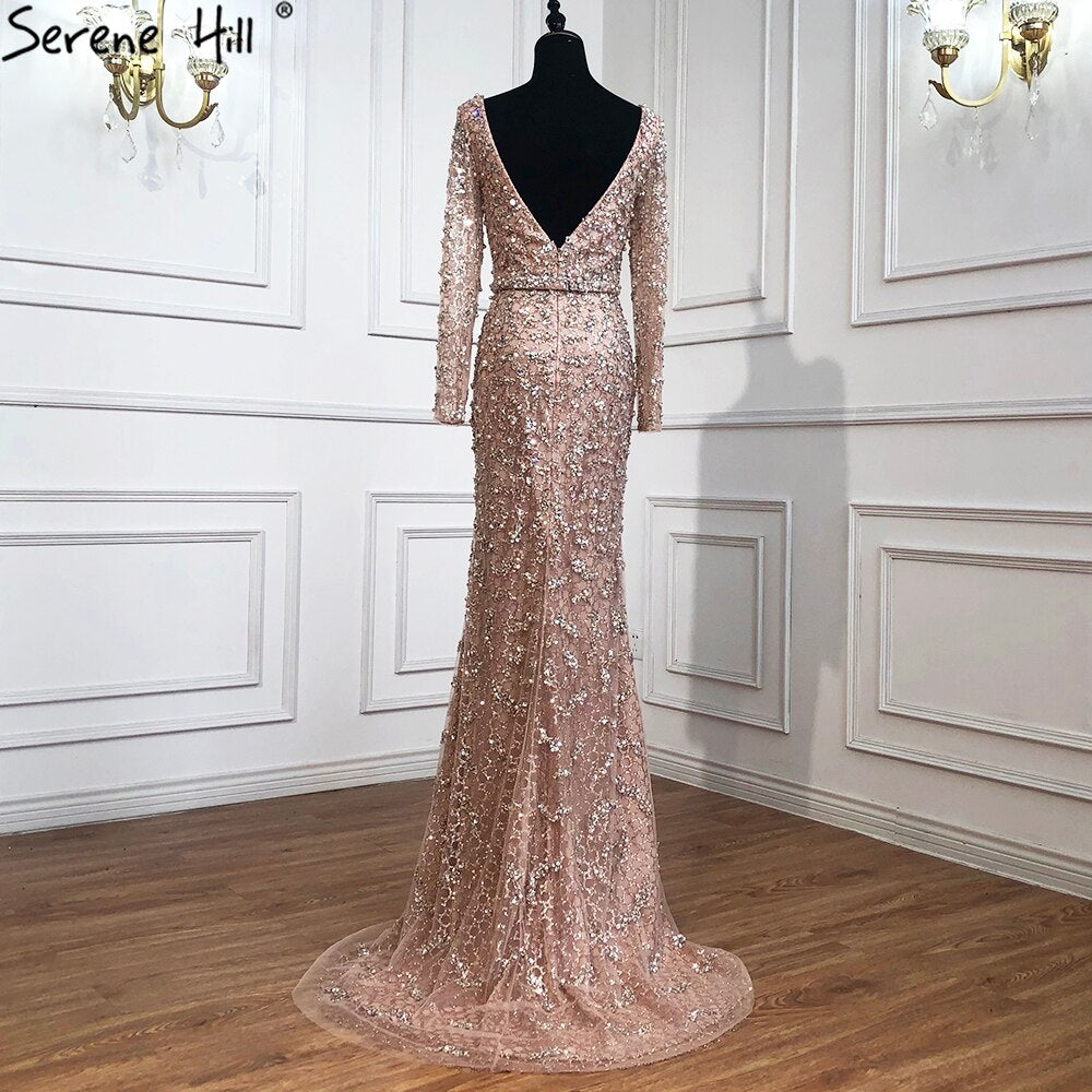 Peach Mermaid V-Neck Evening Dresses  2025 Dubai Long Sleeves Beading Formal Dress Design LA70499