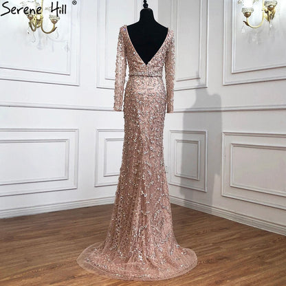Peach Mermaid V-Neck Evening Dresses  2025 Dubai Long Sleeves Beading Formal Dress Design LA70499