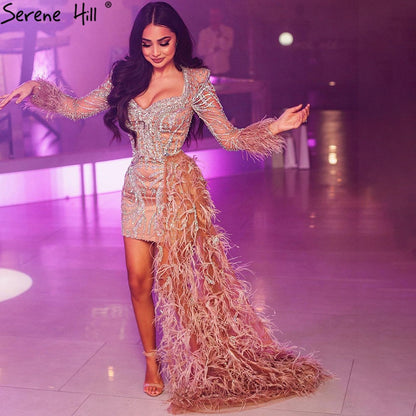 Peach Mermaid With Train Cocktail Dresses 2025 Beading Feathers Elegant Designer For Women Party LA71113