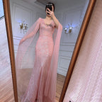 Pfirsich Rosa Meerjungfrau Elegante Cape Ärmel Perlen Abendkleider Formale Arabische Kleider 2025 Für Frauen Party LA72038 