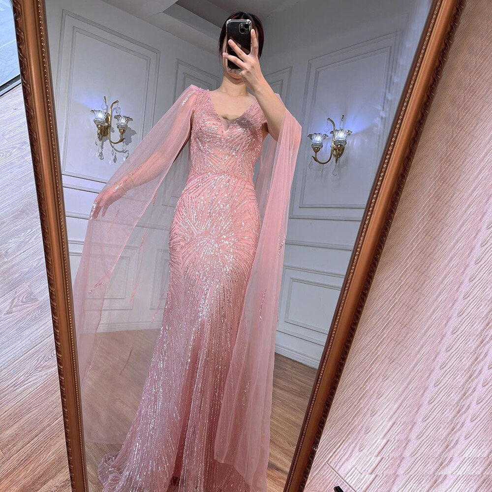 Pfirsich Rosa Meerjungfrau Elegante Cape Ärmel Perlen Abendkleider Formale Arabische Kleider 2025 Für Frauen Party LA72038 