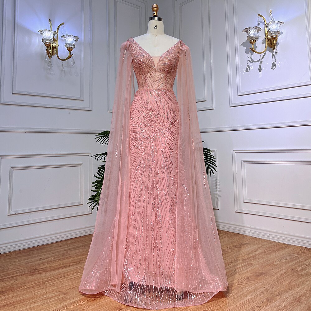 Pfirsich Rosa Meerjungfrau Elegante Cape Ärmel Perlen Abendkleider Formale Arabische Kleider 2025 Für Frauen Party LA72038 