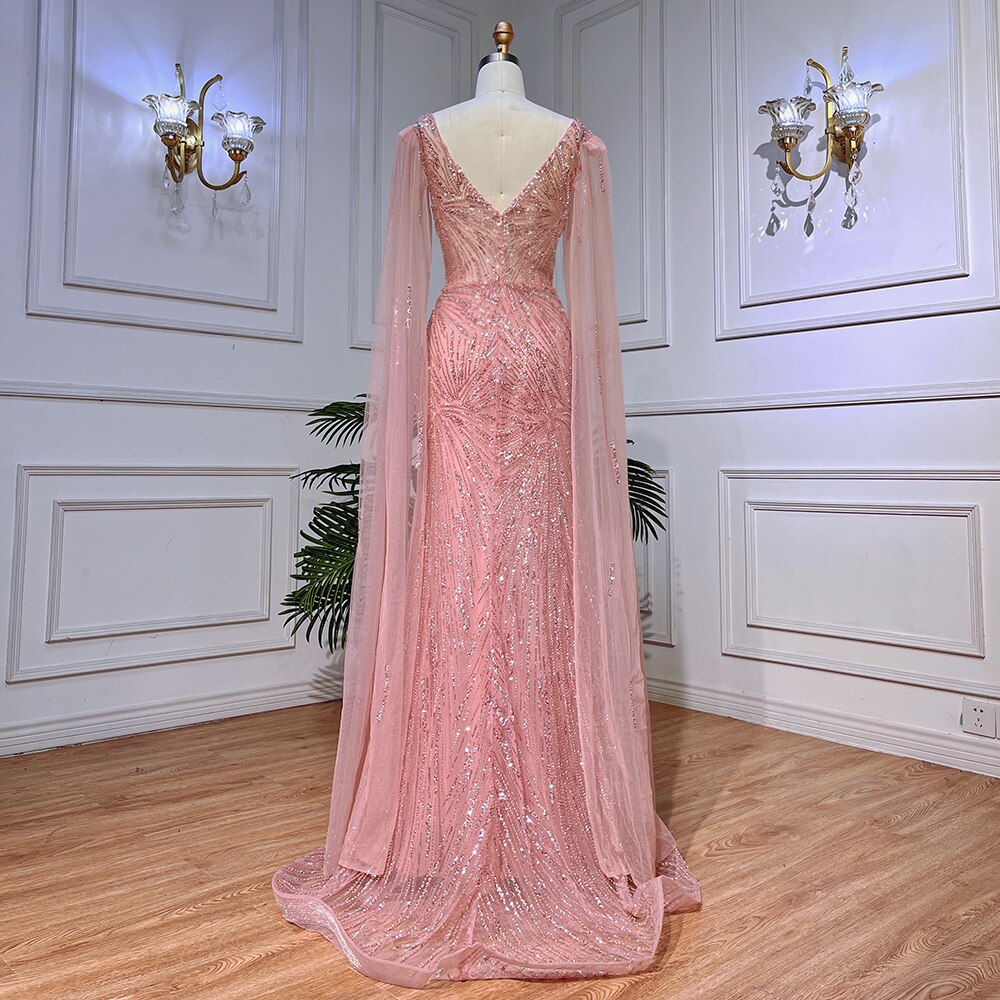 Pfirsich Rosa Meerjungfrau Elegante Cape Ärmel Perlen Abendkleider Formale Arabische Kleider 2025 Für Frauen Party LA72038 