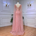 Pfirsich Rosa Meerjungfrau Elegante Cape Ärmel Perlen Abendkleider Formale Arabische Kleider 2025 Für Frauen Party LA72038 