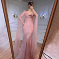 Pfirsich Rosa Meerjungfrau Elegante Cape Ärmel Perlen Abendkleider Formale Arabische Kleider 2025 Für Frauen Party LA72038 