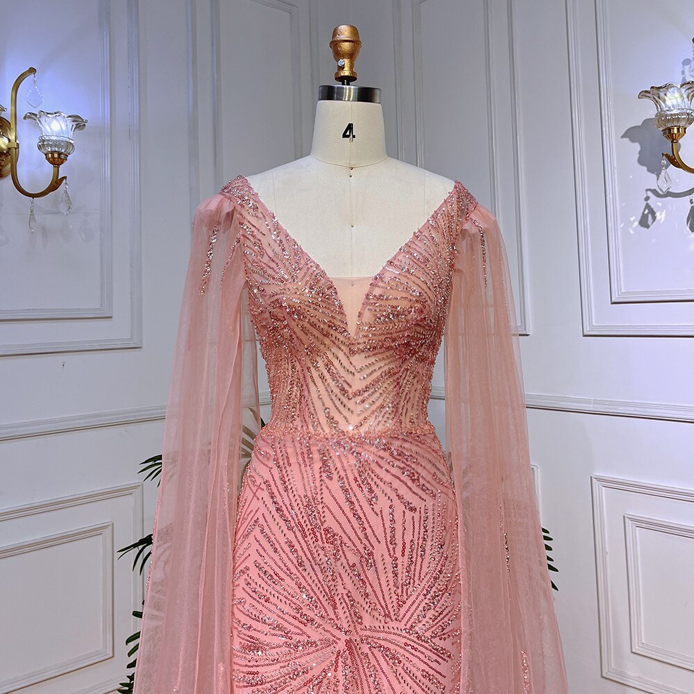 Pfirsich Rosa Meerjungfrau Elegante Cape Ärmel Perlen Abendkleider Formale Arabische Kleider 2025 Für Frauen Party LA72038 