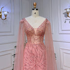 Pfirsich Rosa Meerjungfrau Elegante Cape Ärmel Perlen Abendkleider Formale Arabische Kleider 2025 Für Frauen Party LA72038 