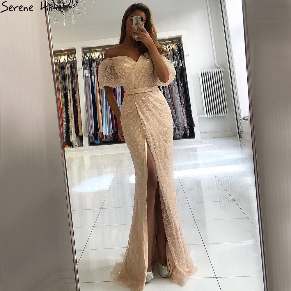 Peach Puff Sleeves Luxury Evening Dresses Gowns  Split Mermaid Elagant For Women Party LA70736