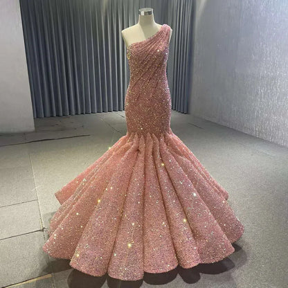 PeachOne Shoulder Lace Up Sequined Beaded Luxury Mermaid Bride Gowns Wedding Dress 2025 High End Custom Made HM67447