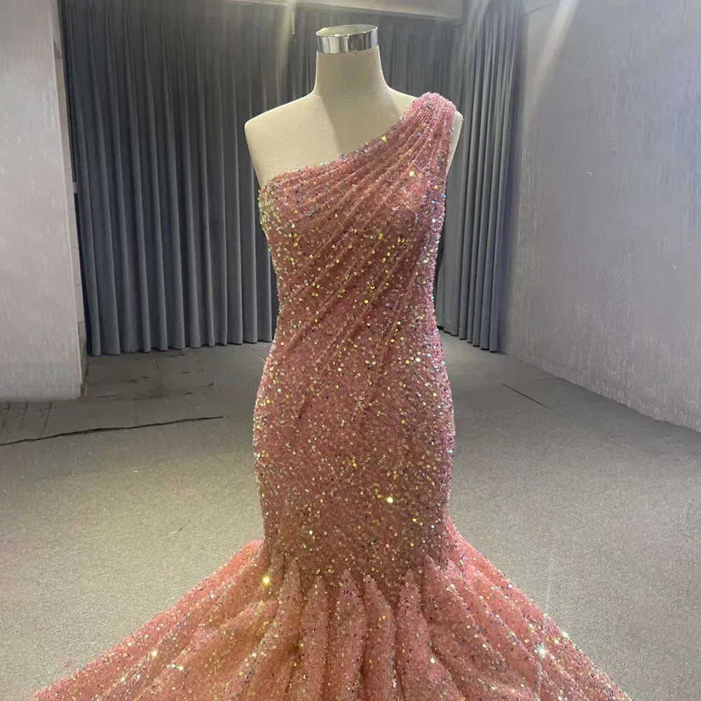 PeachOne Shoulder Lace Up Sequined Beaded Luxury Mermaid Bride Gowns Wedding Dress 2025 High End Custom Made HM67447