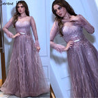 Rosa A-Line Dubai Design Federn Langen Ärmeln Luxus Perlen Abendkleider Kleider Für Frauen Party 2025 LA60836 
