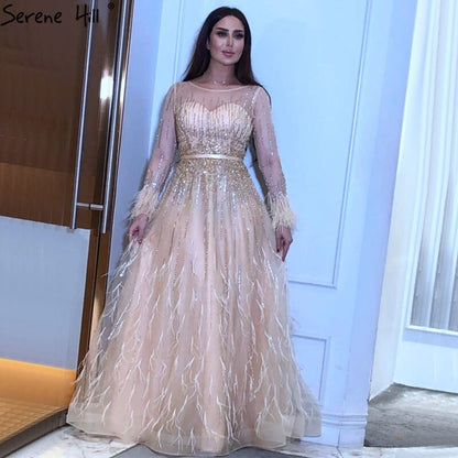 Pink  A-Line Dubai Design Feathers Long Sleeves Luxury Beaded Evening Dresses Gowns For Women Party 2025 LA60836