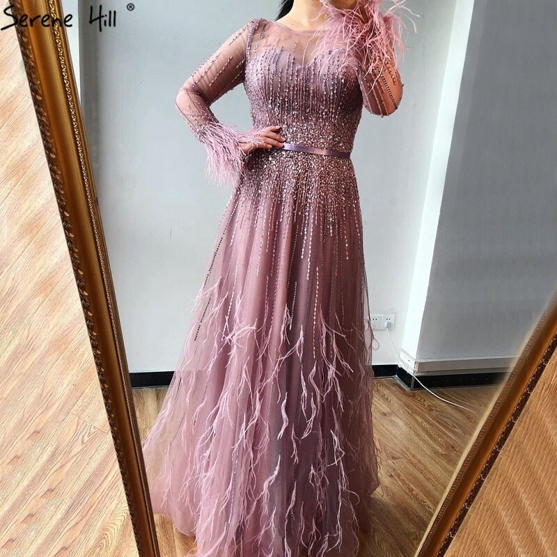 Rosa A-Line Dubai Design Federn Langen Ärmeln Luxus Perlen Abendkleider Kleider Für Frauen Party 2025 LA60836 