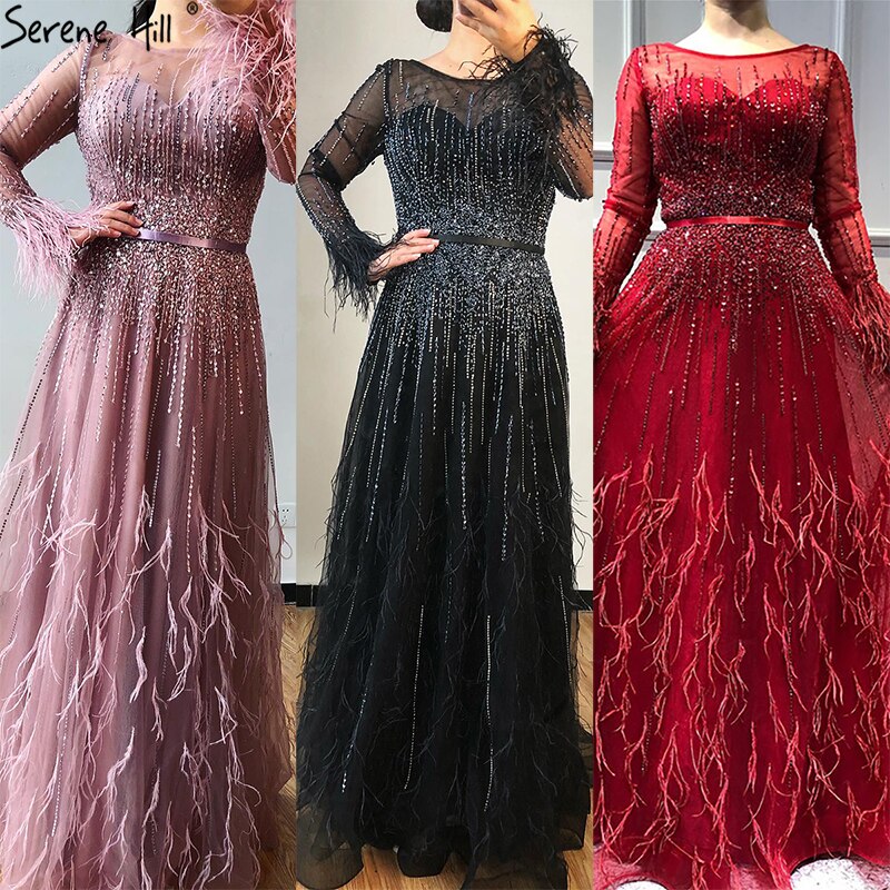 Rosa A-Line Dubai Design Federn Langen Ärmeln Luxus Perlen Abendkleider Kleider Für Frauen Party 2025 LA60836 