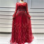 Rosa A-Line Dubai Design Federn Langen Ärmeln Luxus Perlen Abendkleider Kleider Für Frauen Party 2025 LA60836 