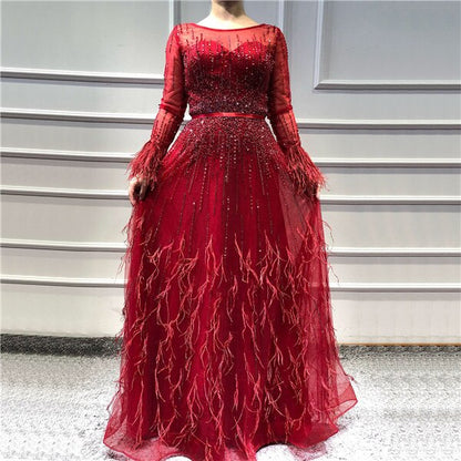 Pink  A-Line Dubai Design Feathers Long Sleeves Luxury Beaded Evening Dresses Gowns For Women Party 2025 LA60836