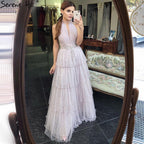 Vestidos de noche de lujo en color rosa, corte A, 2025, cuello halter, cuentas, tul escalonado para mujer, fiesta LA70806 