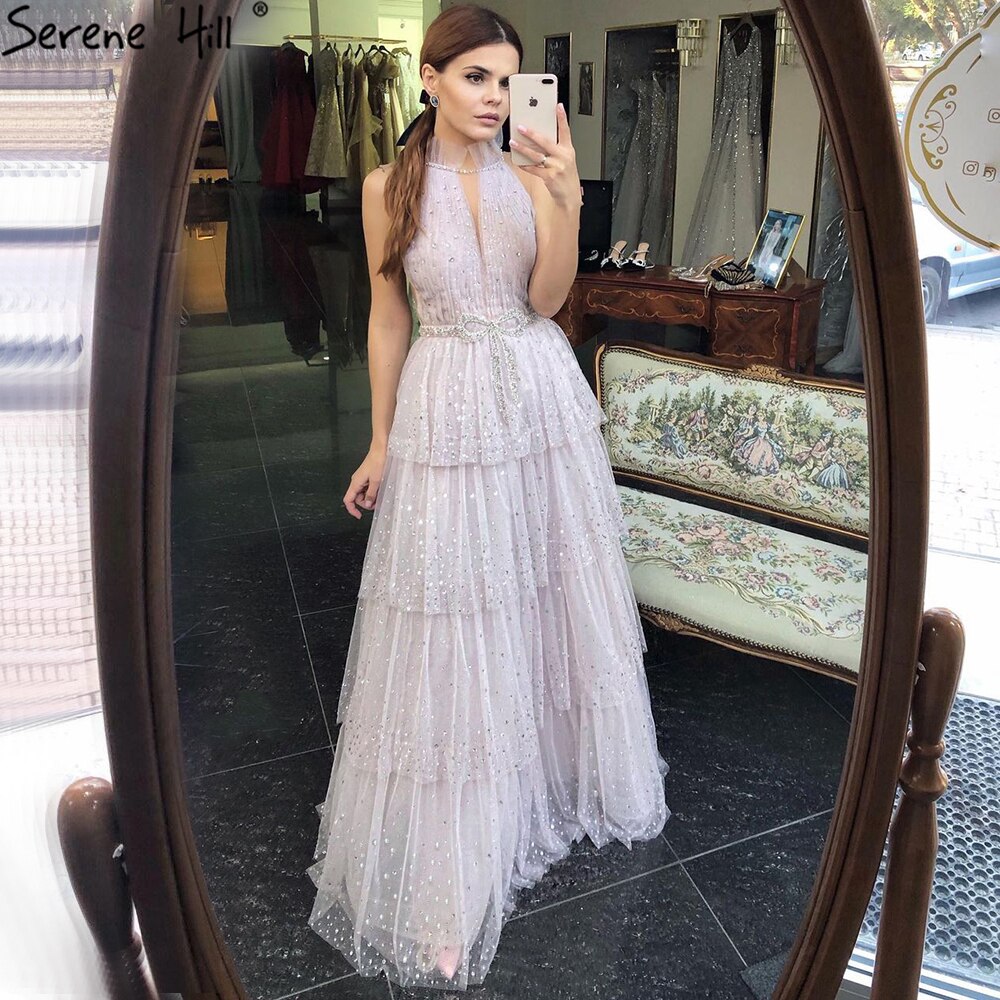 Vestidos de noche de lujo en color rosa, corte A, 2025, cuello halter, cuentas, tul escalonado para mujer, fiesta LA70806 