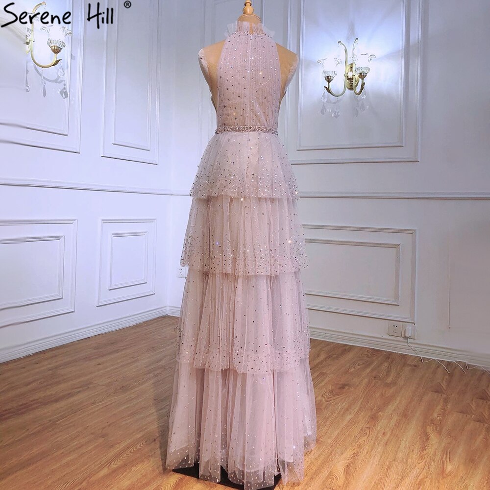 Pink A-Line Luxury Evening Dresses 2025 Halter Beaded Tiered Tulle For Women Party LA70806