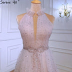 Vestidos de noche de lujo en color rosa, corte A, 2025, cuello halter, cuentas, tul escalonado para mujer, fiesta LA70806 
