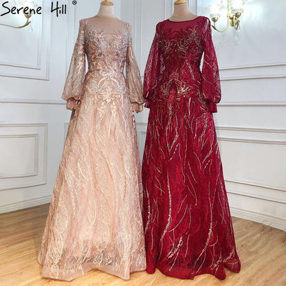 Sale Pink A-Line Luxury Evening Dresses 2025 lantern Long Sleeves Beading Lace Formal Dress LA70676