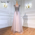 Vestidos de noche de lujo en color rosa, corte A, con mangas casquillo y cuentas, para mujer, para fiesta de bodas, LA71294 