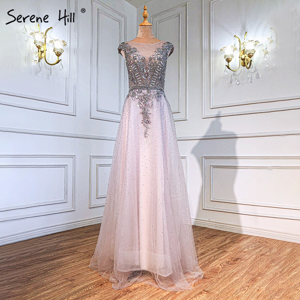 Vestidos de noche de lujo en color rosa, corte A, con mangas casquillo y cuentas, para mujer, para fiesta de bodas, LA71294 