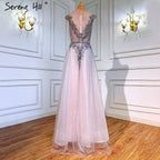 Vestidos de noche de lujo en color rosa, corte A, con mangas casquillo y cuentas, para mujer, para fiesta de bodas, LA71294 