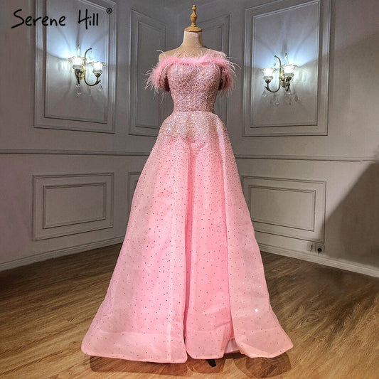 Pink A-Line Luxury Evening Dresses Gowns 2025 Feather Beaded For Women Wedding Party LA70901