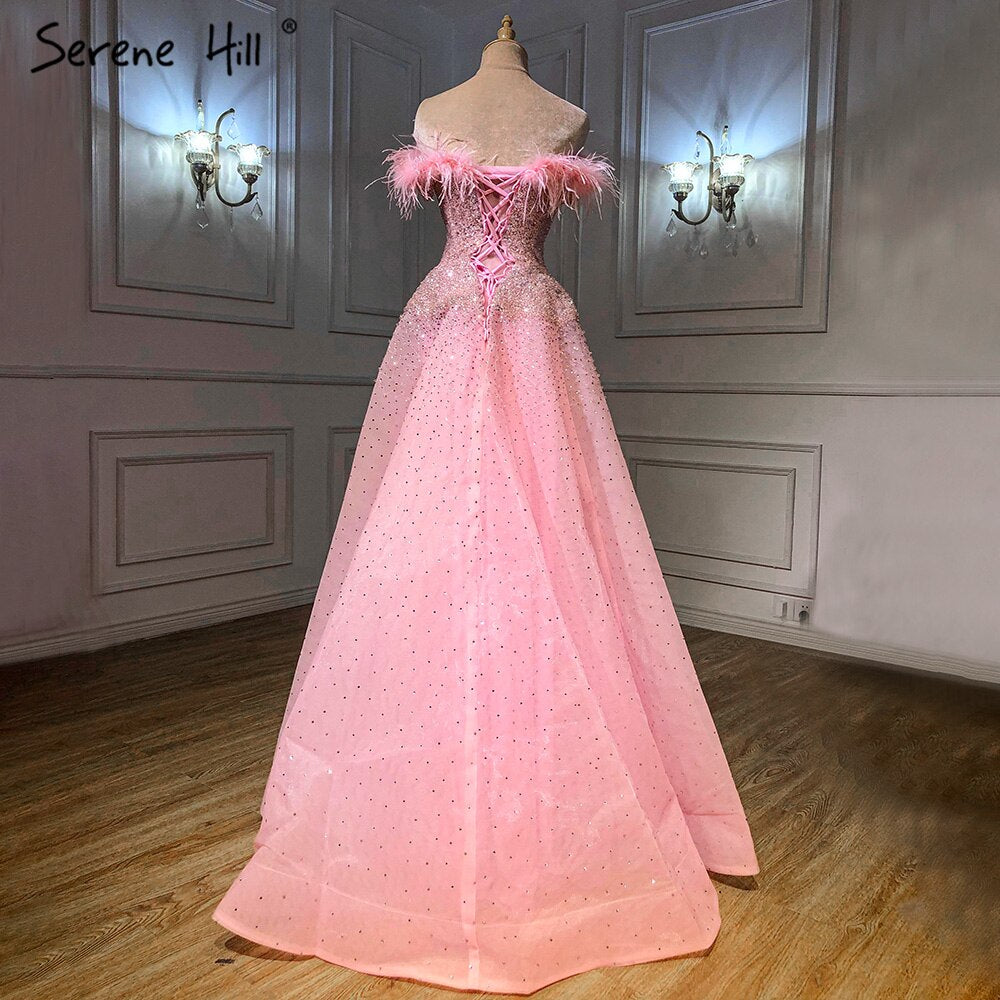 Pink A-Line Luxury Evening Dresses Gowns 2025 Feather Beaded For Women Wedding Party LA70901