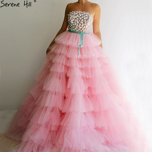 Pink A-Line Sexy Evening Dresses 2025 Sleeveless Beading Tiered Tulle Formal Dress Design LA70701