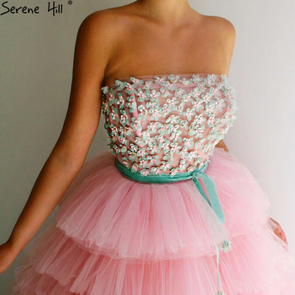 Pink A-Line Sexy Evening Dresses 2025 Sleeveless Beading Tiered Tulle Formal Dress Design LA70701