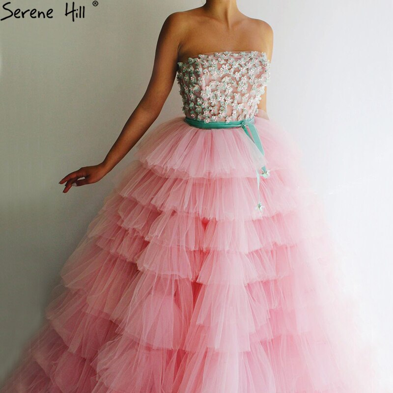 Pink A-Line Sexy Evening Dresses 2025 Sleeveless Beading Tiered Tulle Formal Dress Design LA70701