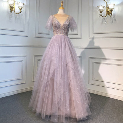 Pink  A-Line Sexy V-Neck Evening Gowns Luxury Beaded Dresses Long 2025 For Women Wedding Party LA71710
