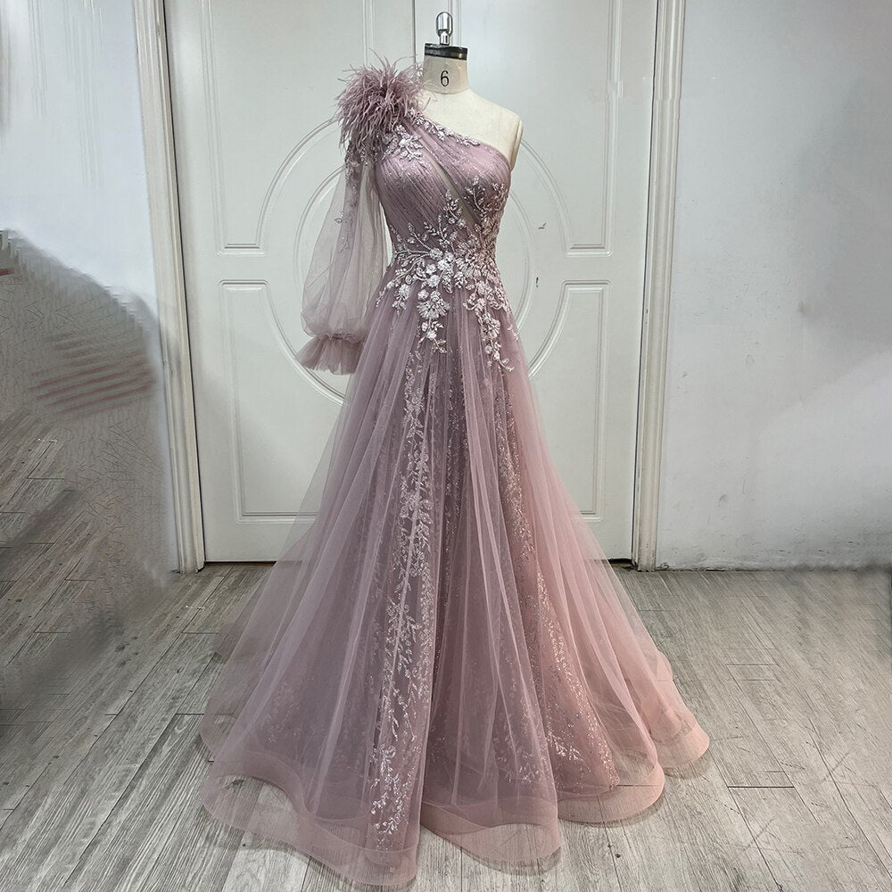 Rosa A-Linie Split Luxus Abendkleider Kleider 2025 Perlen Elegante Federn Eine Schulter Für Frauen Party LA71689 